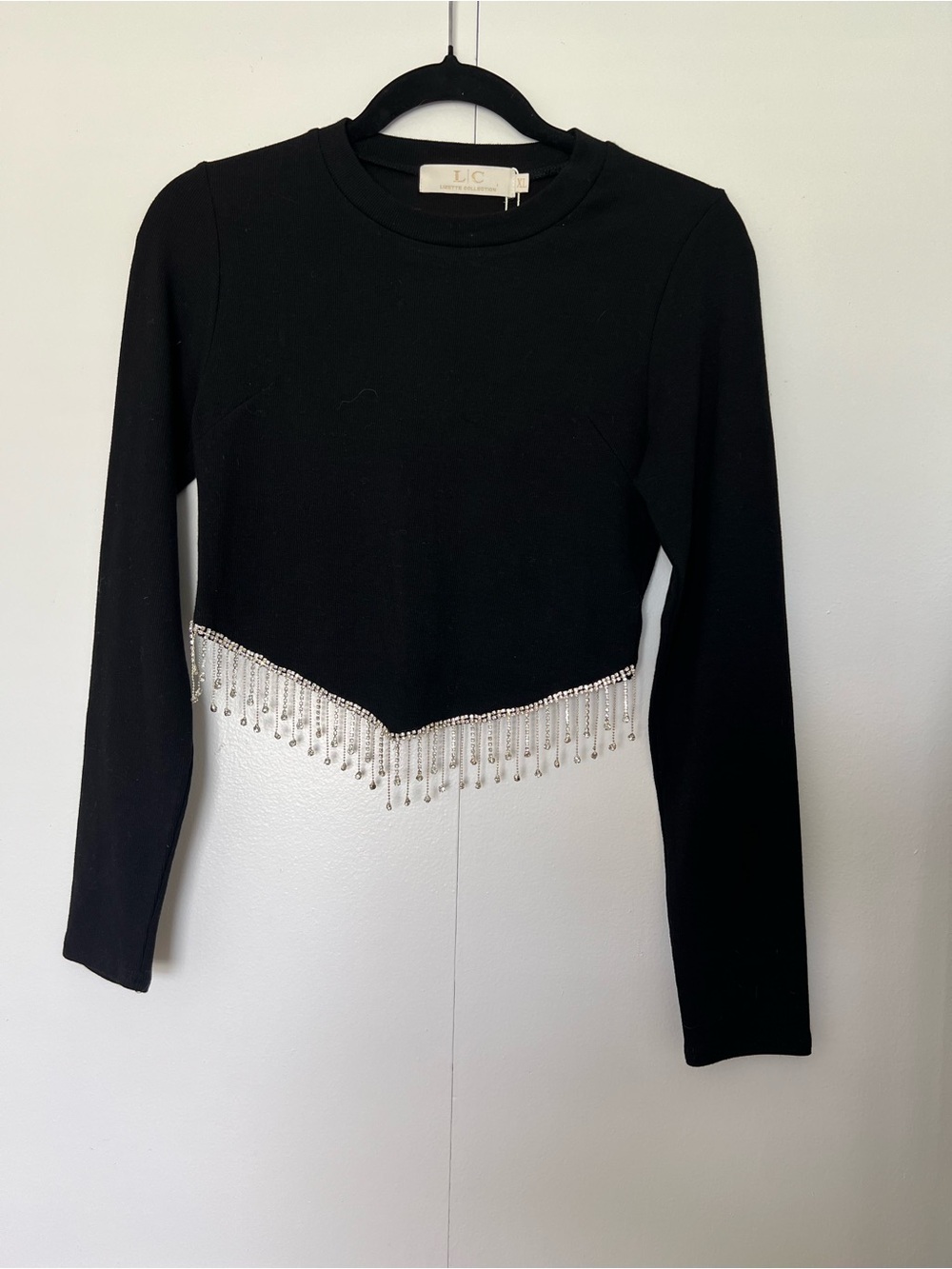 Black Long-Sleeve Crop Top with Silver Fringe